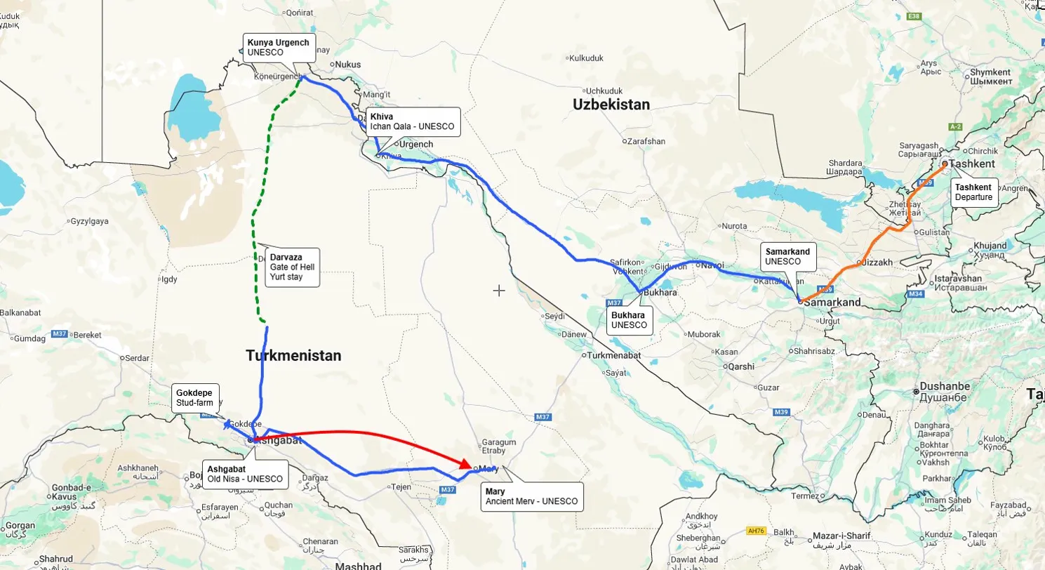 Route Map of Turkmenistan and Uzbekistan